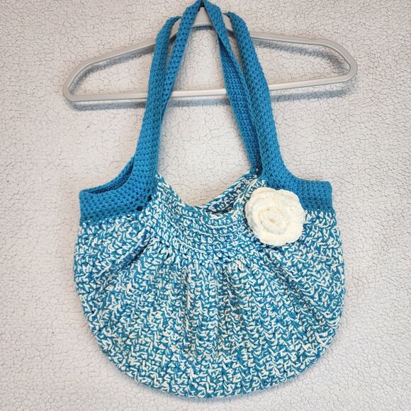 Crochet Market Bag Blue White Floral Detail Two Handle Handmade Boho Hippie - Picture 2 of 10